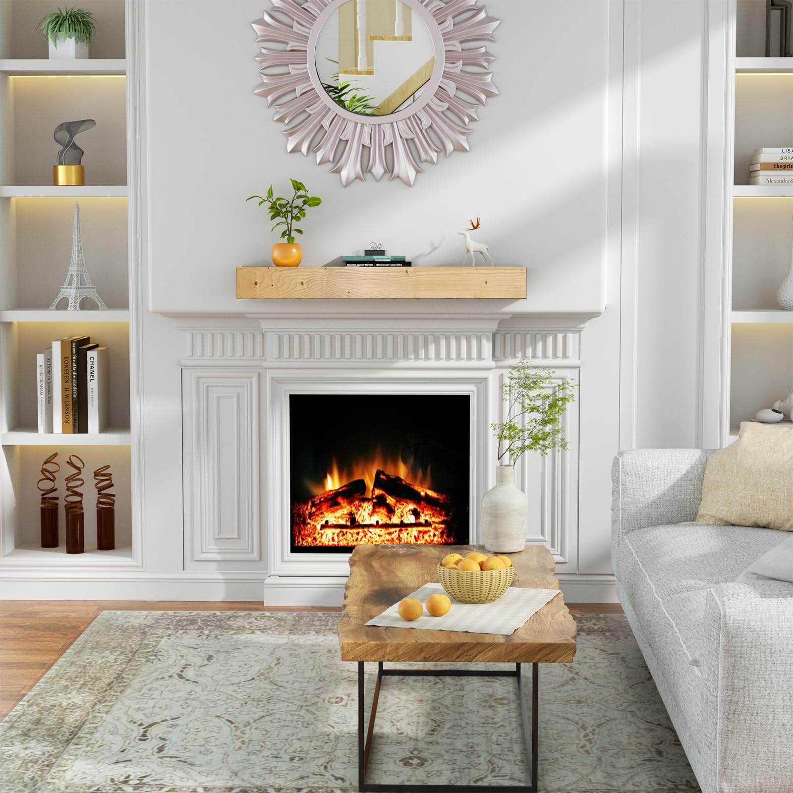 LOVMOR 60-Inch Floating Fireplace Mantel Shelf - Natural Wood Wall Mounted Mantle with 4 Shelves for Fireplace Decor (48
