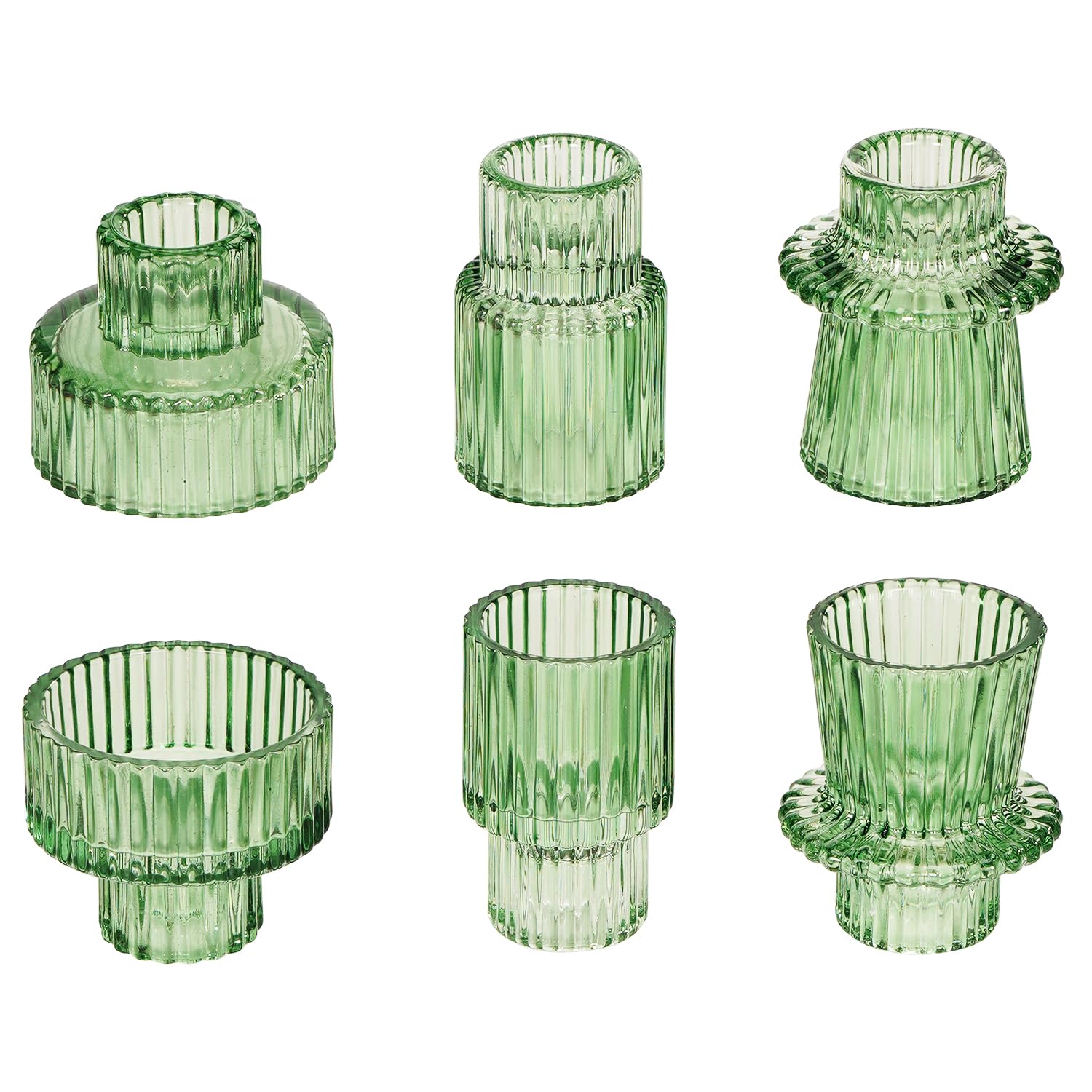 6 Pcs Green Glass Candlestick Holders - Elegant Taper & Tealight Candle Holders for Wedding Centerpieces, Dinner Party Decor, Home Table Decorations - Perfect for Romantic Ambiance & Holiday Tablescapes