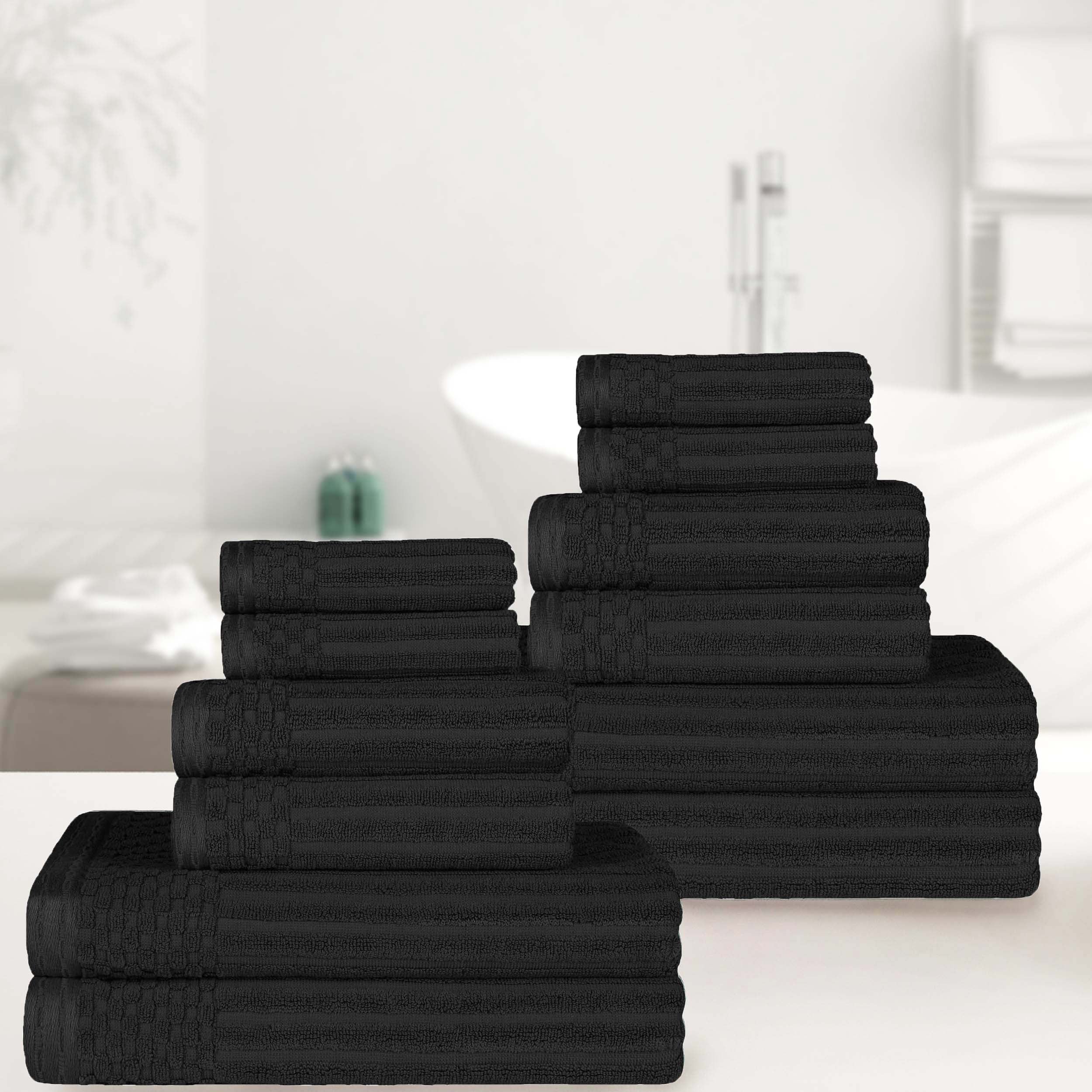 Premium 12-Piece Ribbed Textured Cotton Towel Set - Medium Weight Bath & Hand Towels for Spa, Guest Bathroom & Luxury Home Decor