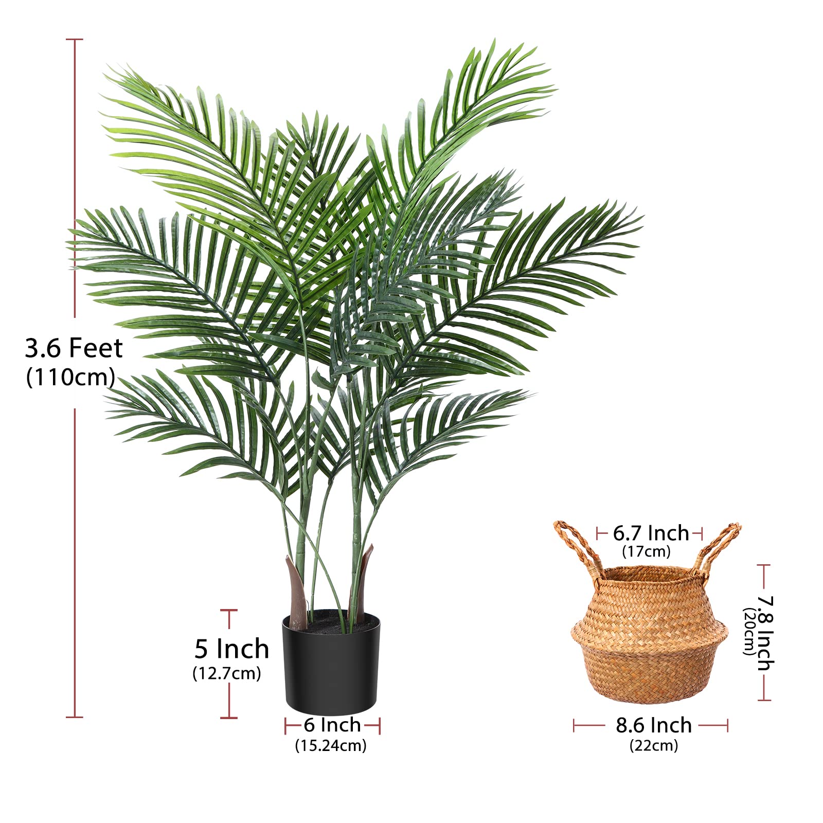 3.6 Ft Artificial Areca Palm Tree with 10 Trunks - Tropical Faux Dypsis Lutescens in Woven Seagrass Basket & Black Pot - Perfect for Home, Office, Indoor & Outdoor Decor - Great for Living Room, Patio, Balcony or Commercial Spaces