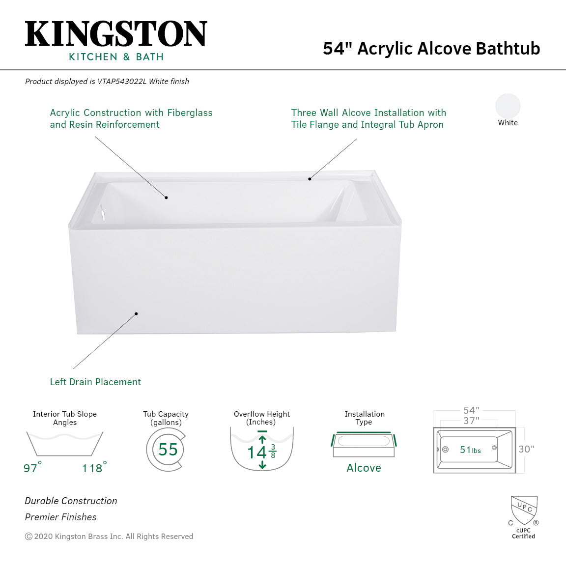 Aqua Eden 54 Inch Acrylic Rectangular 3 Wall Alcove Bathtub - Left Hand Drain, Glossy White - Perfect for Modern Bathroom Renovations & Spa-Like Relaxation