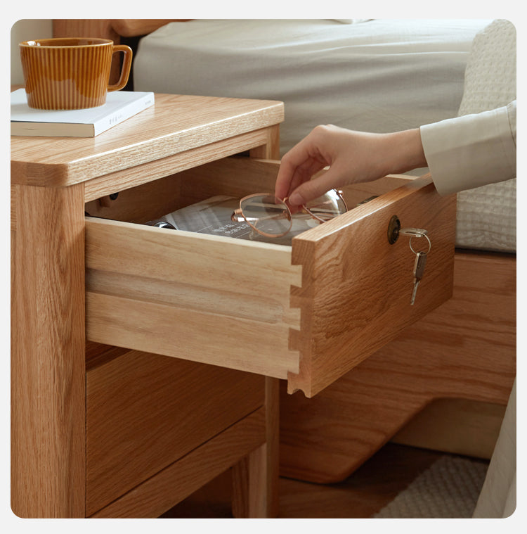 Solid Oak Wood Nightstand with Locking Drawer - Stylish and Durable Bedside Table for Bedroom, Living Room, or Guest Room