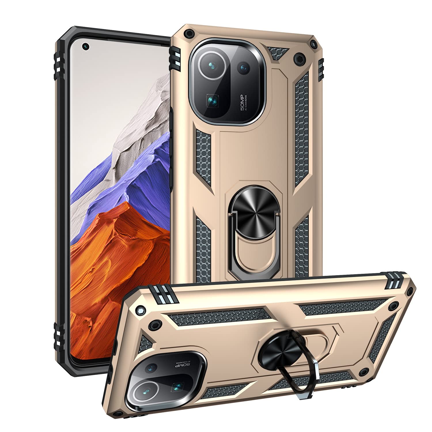 Premium Magnetic Ring Holder Case for Xiaomi Mi 11 Pro - Heavy Duty Shockproof Phone Cover with 360° Protection (Gold) - Perfect for Work, Travel & Outdoor Activities