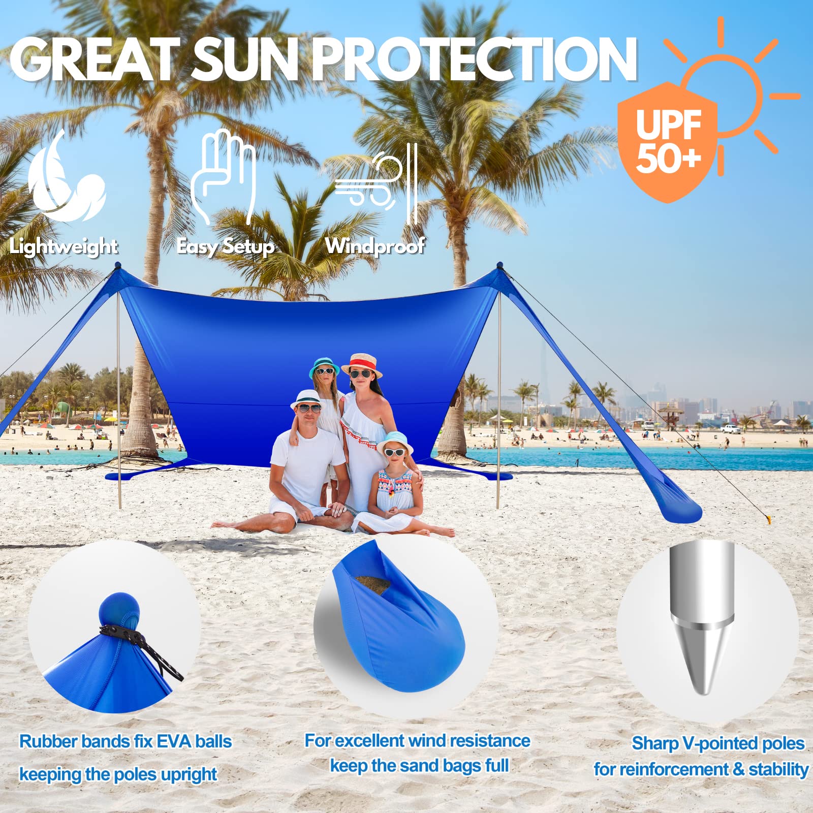UPF50+ 10x10 FT Beach Tent Sun Shelter - Windproof Pop Up Canopy with Sand Shovel & Carrying Bag | Portable Lightweight Outdoor Sunshade for Camping, Backyard, Fishing, Picnics | Perfect for Family Beach Days & Outdoor Adventures
