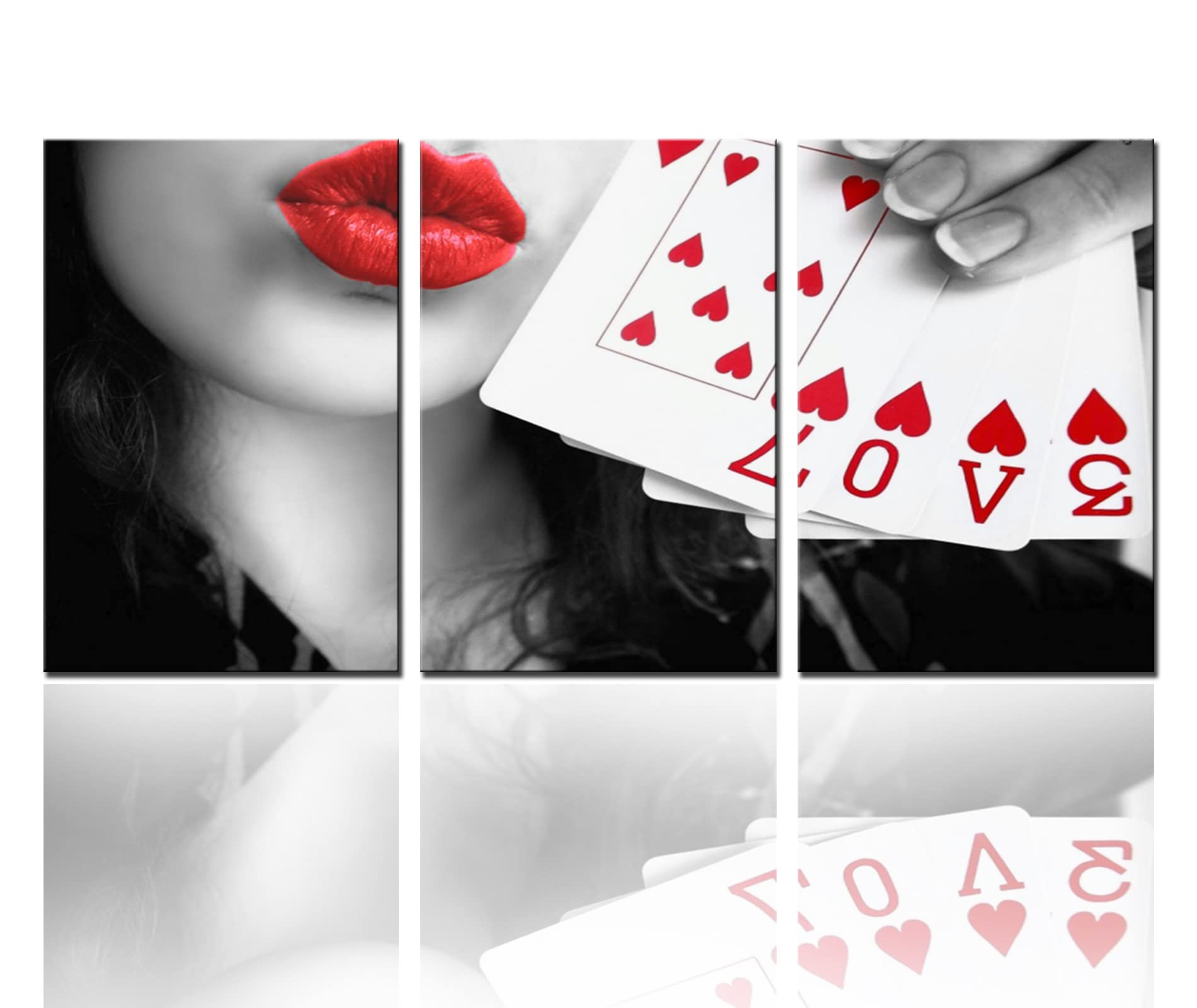 Tucocoo 3-Piece Canvas Wall Art Set - Fashion Woman & Red Lips Playing Cards Paintings, Modern Giclee Framed Artwork for Living Room Decor (60x28 Inch, Ready to Hang) - Perfect for Home, Office & Bedroom Wall Decor