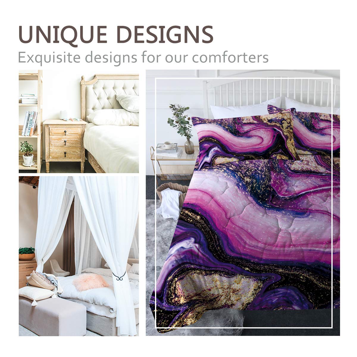 **BlessLiving 3-Piece Purple Marble Comforter Set with Pillow Shams – Funky Pink Reversible Bedding, 3D Printed Designs, Full/Queen Size – Ultra Soft, Machine Washable – Perfect for Modern Bedrooms & Guest Rooms**