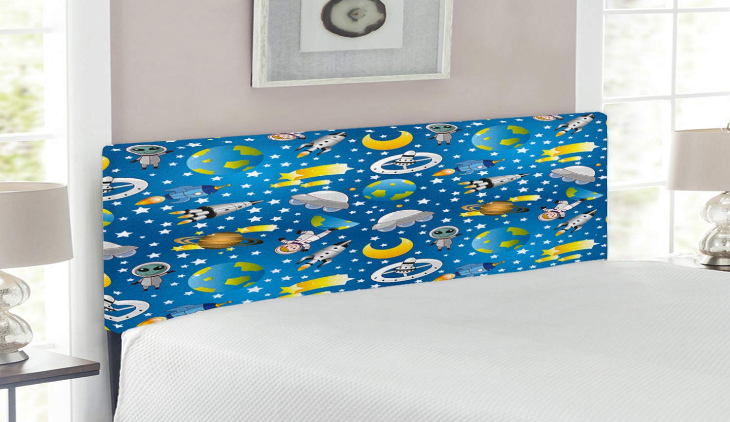 Ambesonne Space Themed Headboard - Alien & Astronaut Design with Stars, Moon & Earth - Upholstered Metal Bed Headboard with Memory Foam - Queen Size in Blue Grey Yellow - Perfect for Kids' Room & Sci-Fi Themed Bedrooms