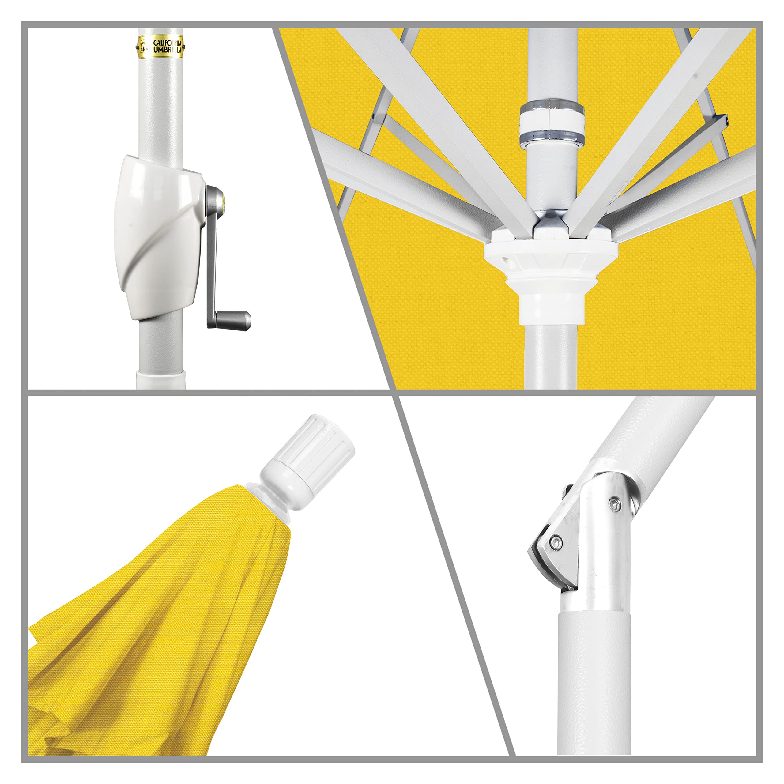 9' Round California Market Umbrella - Aluminum Frame with Crank Lift & Push Button Tilt - White Pole & Durable Lemon Olefin Canopy - Perfect for Patio, Poolside, and Outdoor Dining Areas