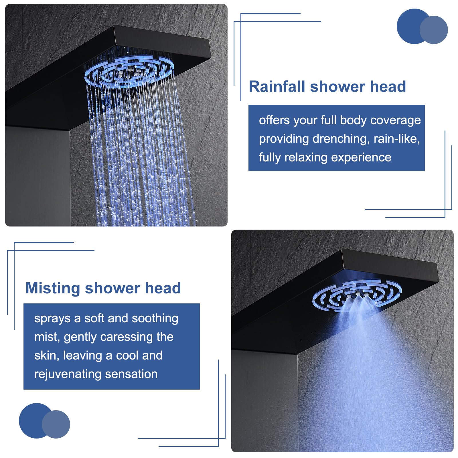 ROVATE LED Shower Panel Tower System - Hydroelectric LED Lights & Temperature Display, Black Shower Column with Rainfall & Mist Shower, 2 Body Jets, Handheld & Tub Spout | Perfect for Modern Bathroom Renovation & Spa-Like Shower Experience