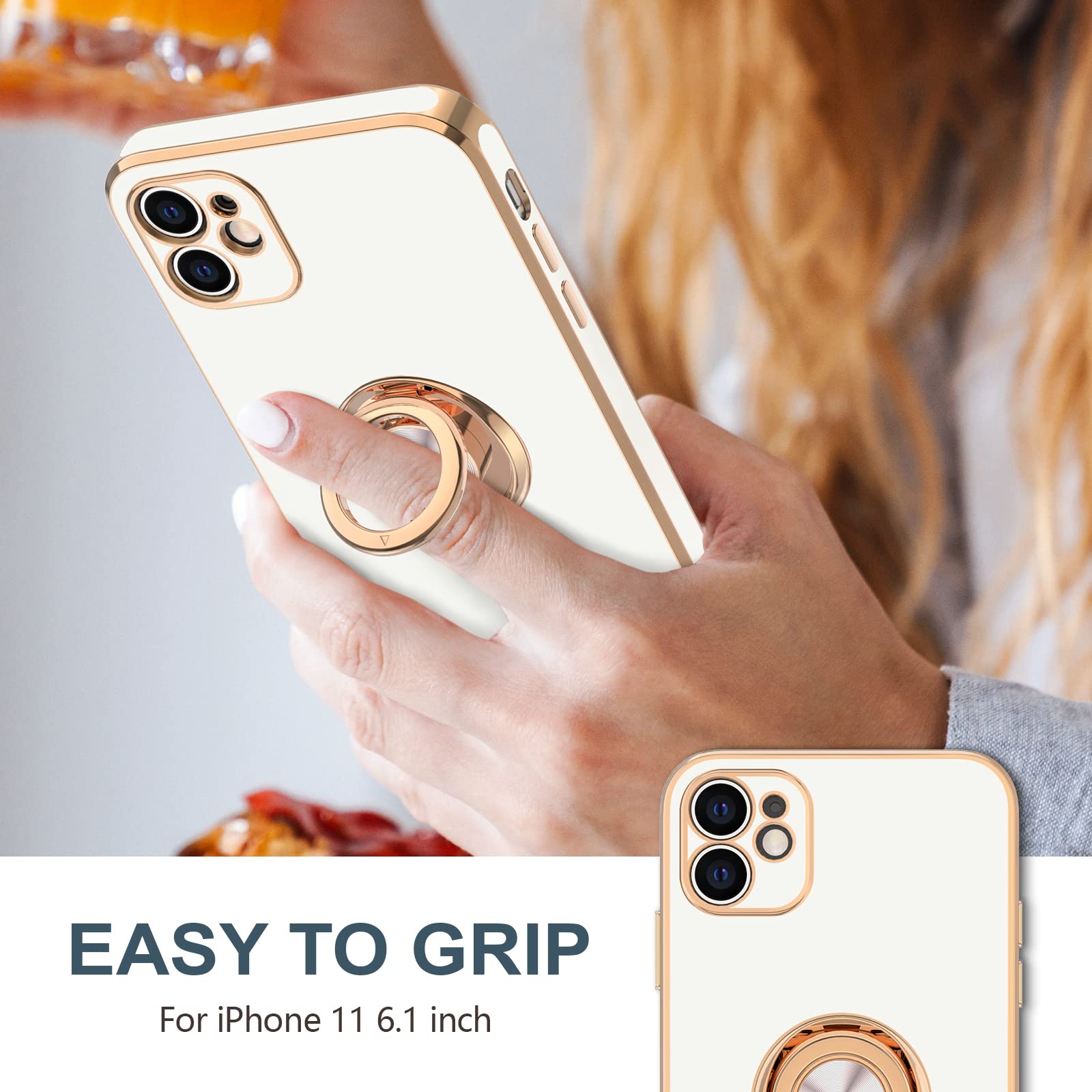 Luxury iPhone 11 Case with Rotatable Ring Stand - Rose Gold Edge for Women & Men | Perfect for Work & Travel