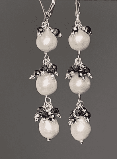 Pearl & Black Terahertz Dangle Earrings Sterling Silver 925 - Elegant Drop Earrings for Women, Perfect for Parties, Weddings & Evening Events