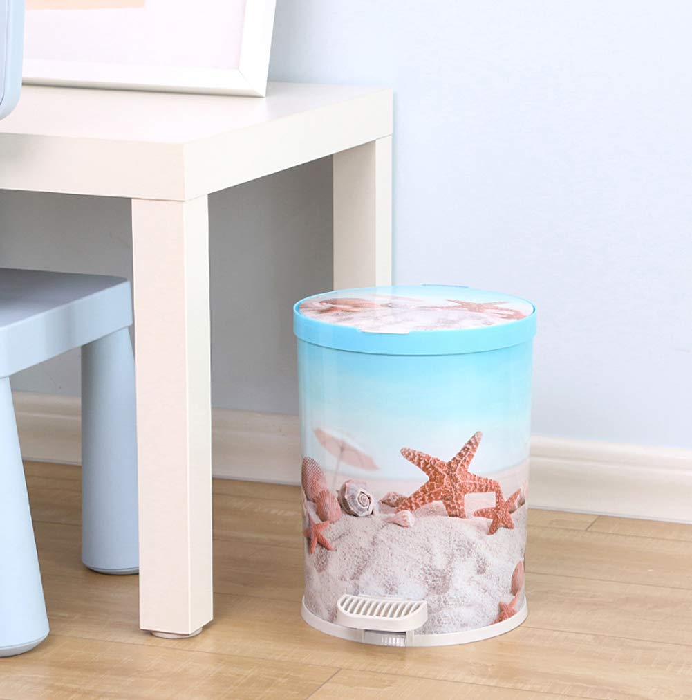 Hflove 6.5L/9L Pedal Trash Can with Lid - Creative 3D Pattern Round Garbage Bin for Bathroom, Kitchen & Office - Blue Home Waste Basket (6.5L) - Hands-Free Operation, Odor Control & Space Saving Design