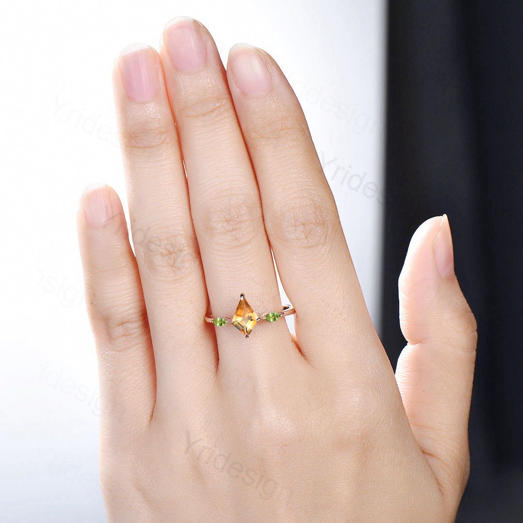 Exquisite 3-Stone Marquise Citrine Engagement Ring | Minimalist Kite Cut Peridot Wedding Band for Women | Unique Handmade Proposal Gift | Perfect for Anniversaries, Valentine's Day & Special Occasions