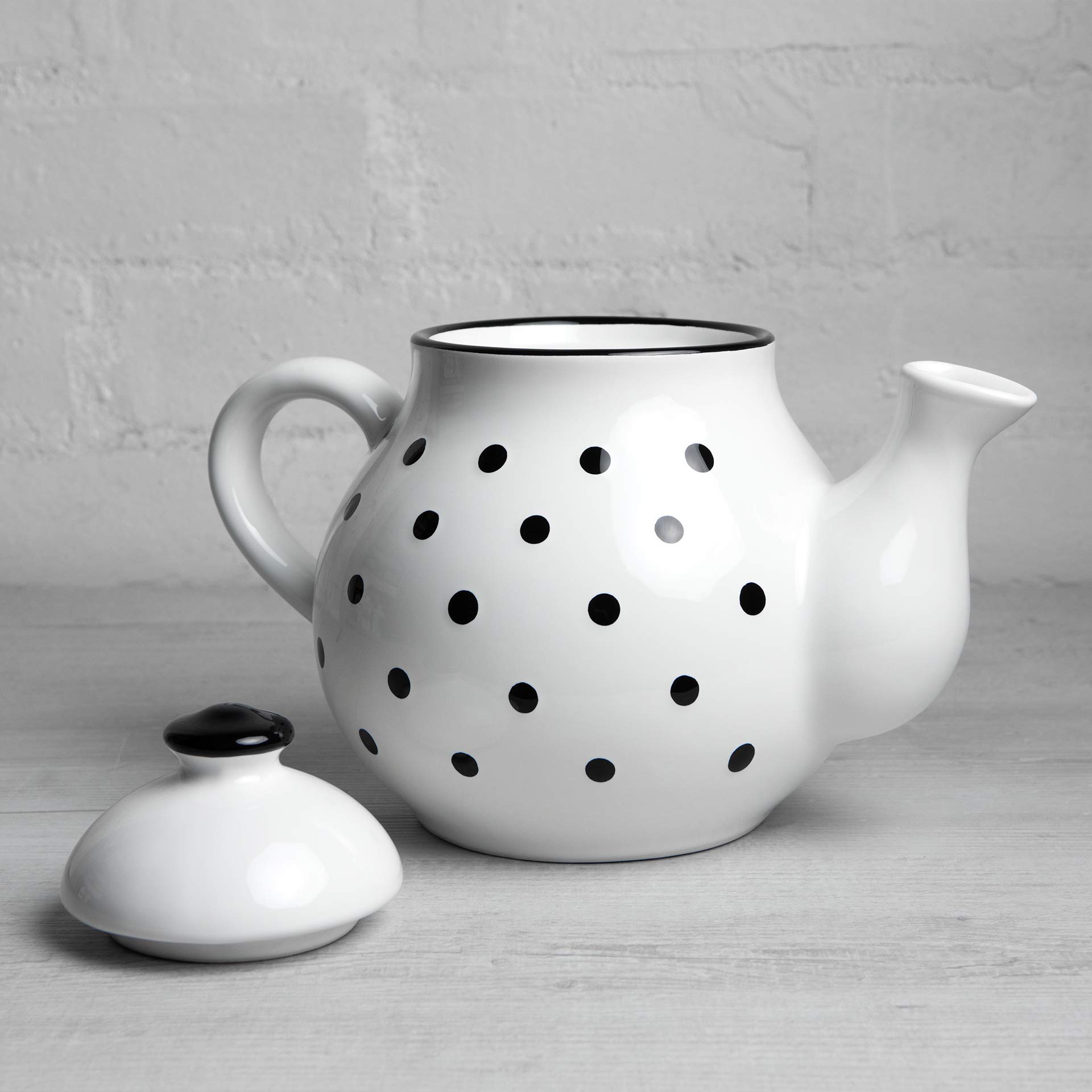 Handcrafted Premium 60 oz Ceramic Teapot for Blooming & Loose Leaf Tea - White & Black Blue Polka Dot Design - Large Capacity (6-8 Cups) - Perfect for Tea Lovers, Afternoon Tea Parties & Cozy Cottage Gatherings