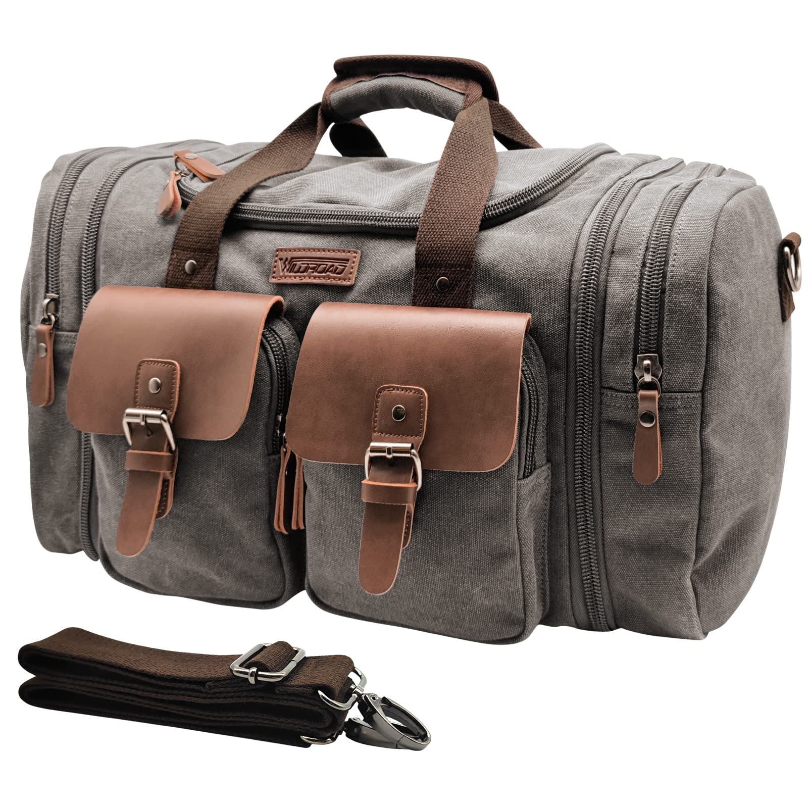 Wildroad 50L Expandable Travel Duffel Bag - Waterproof Canvas & Genuine Leather Weekender Carry On Bag for Men & Women - Perfect for Overnight Trips, Gym, Camping & Business Travel