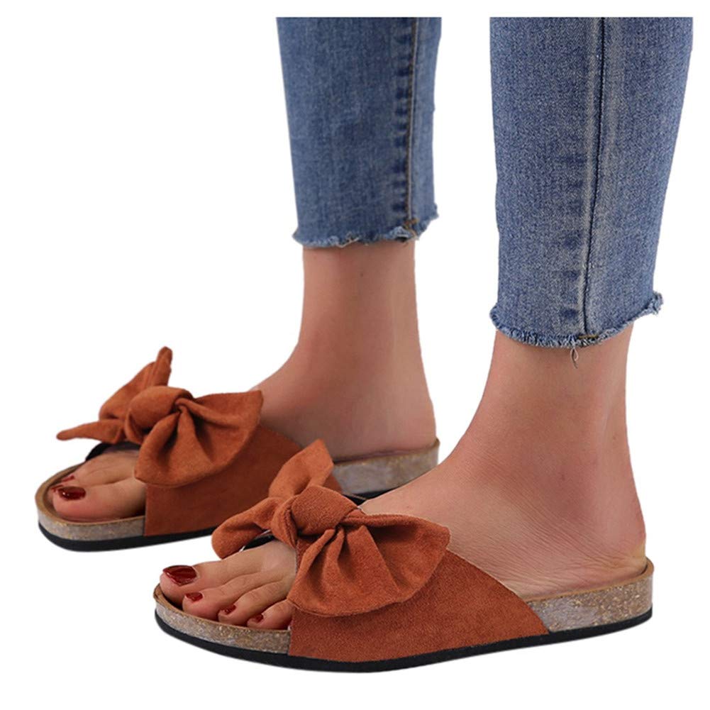 Women's Flat Slide Sandals with Cork Sole & Cute Knot Bow - Comfortable Canvas Summer Sandals for Beach, Pool, and Casual Outings