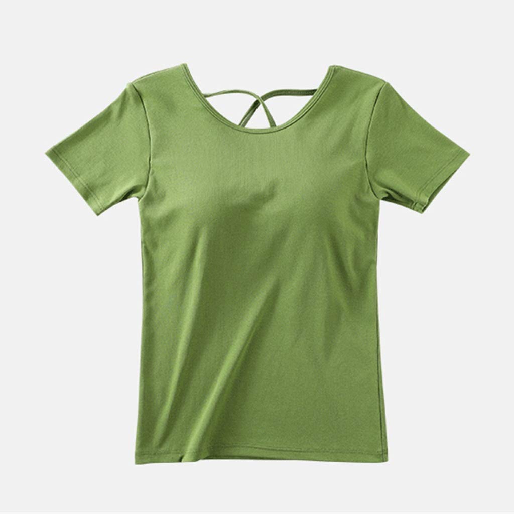 WWWEE Women's Built-in Bra T-Shirt - Wire-Free Push-Up Padded Backless Stretch Cotton Top - Sexy Casual Wear for Summer, Gym, Yoga & Daily Outfits (Size S)