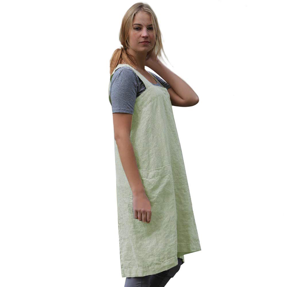 Women's Cross Back Pinafore Square Apron - Cotton Linen Blend Baking Cooking Gardening Work Dress with 2 Pockets - Light Green XL | Perfect for Home Chefs, Bakers, Gardeners & DIY Enthusiasts