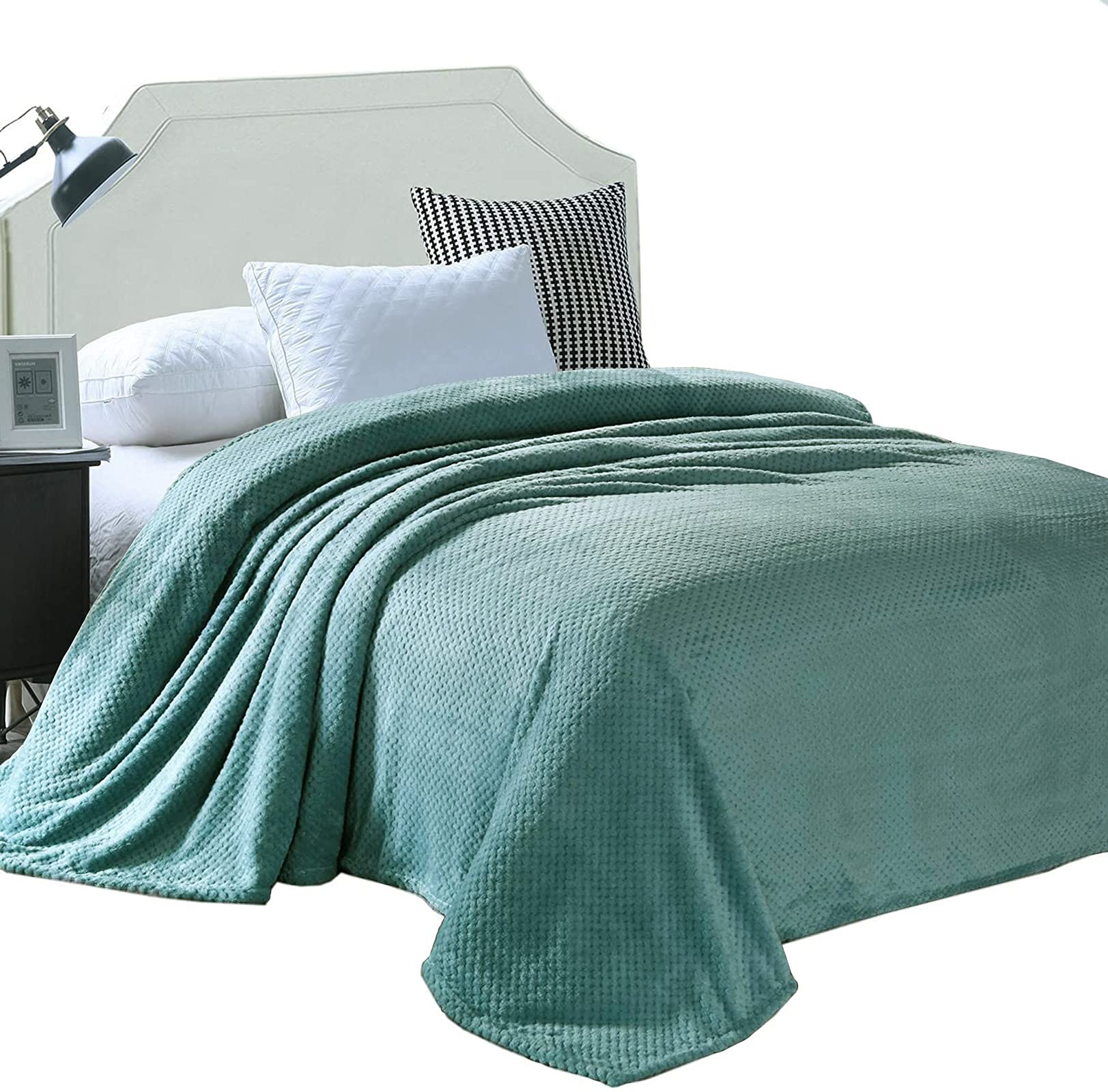Premium Waffle Textured Soft Fleece Blanket - King Size (90x104 Inches) - Ultra Cozy, Warm & Lightweight - Celadon Green - Perfect for Bed, Sofa, and Winter Snuggling
