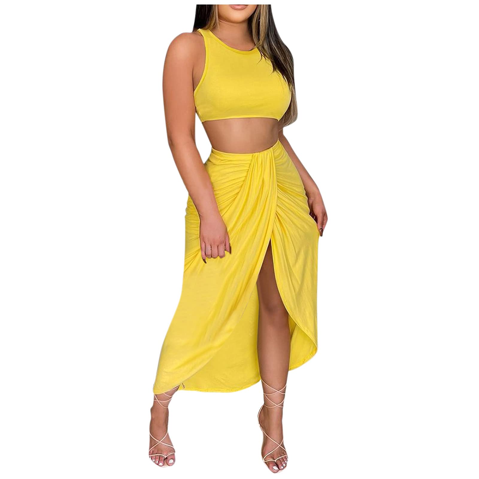Women's Beach Slit Maxi Skirt Set with Crop Tank Top - Summer Party Outfit 2 Piece Suit for Vacation, Poolside, and Tropical Getaways