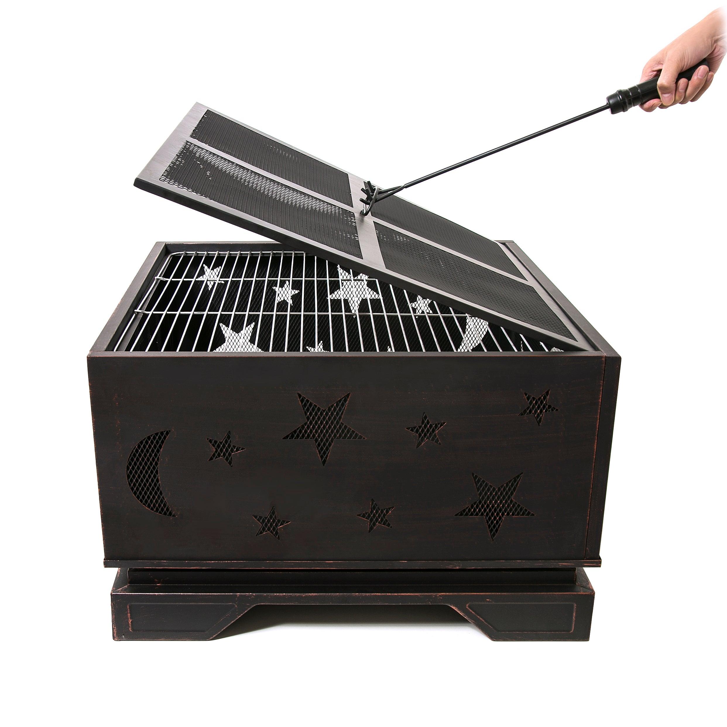 26 Inch Square Fire Pit with BBQ Grill - Outdoor Wood Burning Fire Pit with Poker Tool - Large Fireplace for Patio, Garden, Camping, Backyard & Picnic - Perfect for Bonfires, Roasting Marshmallows & Outdoor Gatherings