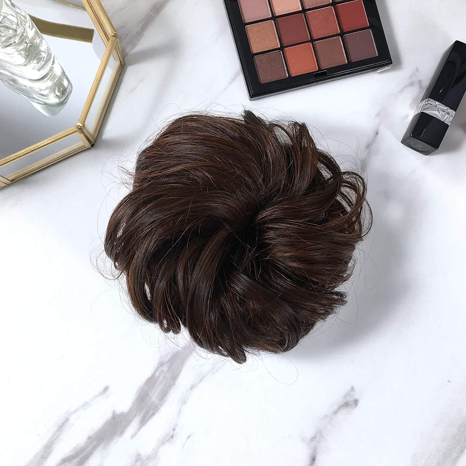 MoonEyes Hair Bun Extension Band - Synthetic Hairpiece for Women & Girls - Brown Curly Wavy Hair - Perfect for Updos, Ponytails & Special Occasions