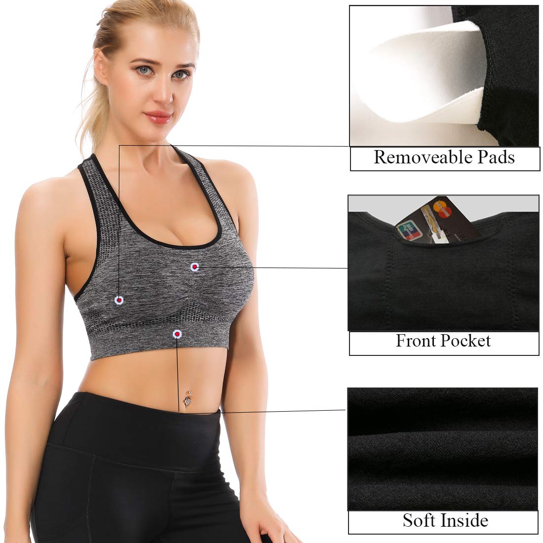 TOBWIZU Women's Medium Support Sports Bra with Pocket - Yoga, Gym & Workout Activewear for Running, Training & Fitness