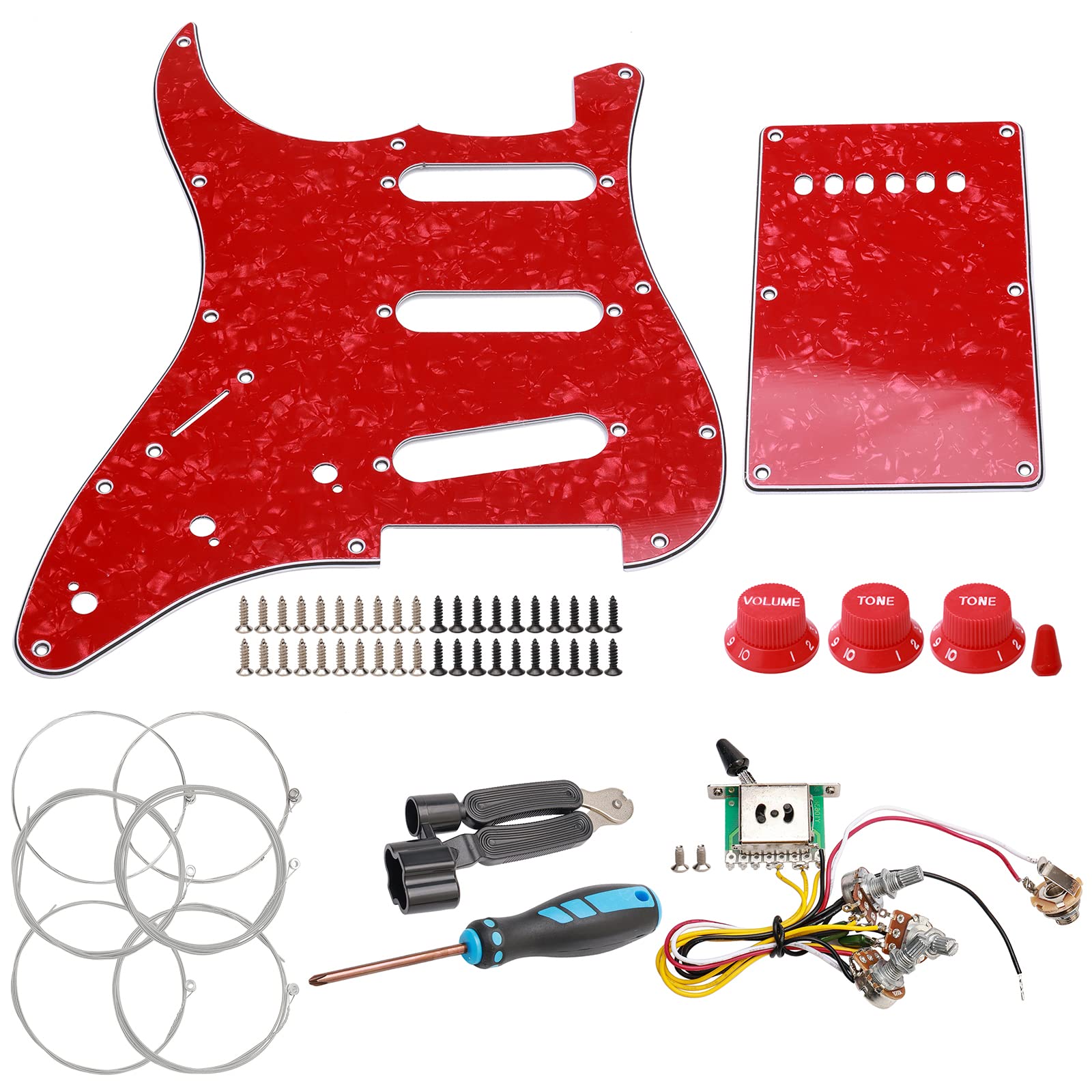 Fender Stratocaster Replacement Pickguard Set - 11 Hole Electric Guitar Pickguard with Control Knobs & Toggle Switch, Pearl Red ST Backplate & Strings for Guitar Repair & Upgrade | Perfect for DIY Guitar Maintenance, Professional Setup & Vintage Style Customization