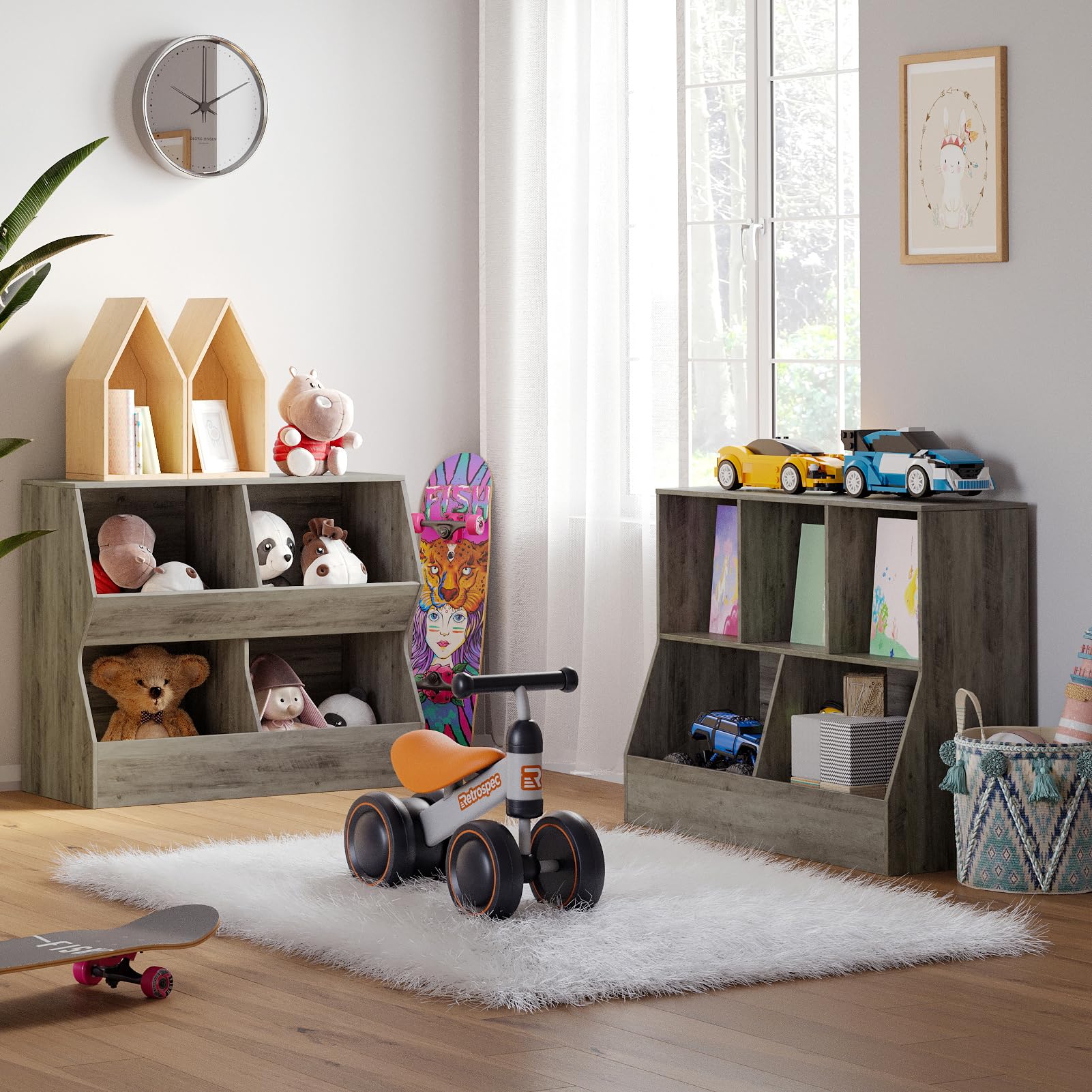 DINZI LVJ Wooden Toy Storage Organizer & Kids Bookshelf - 5-Cubby Children's Bookcase with Gray Wash Finish (31.5