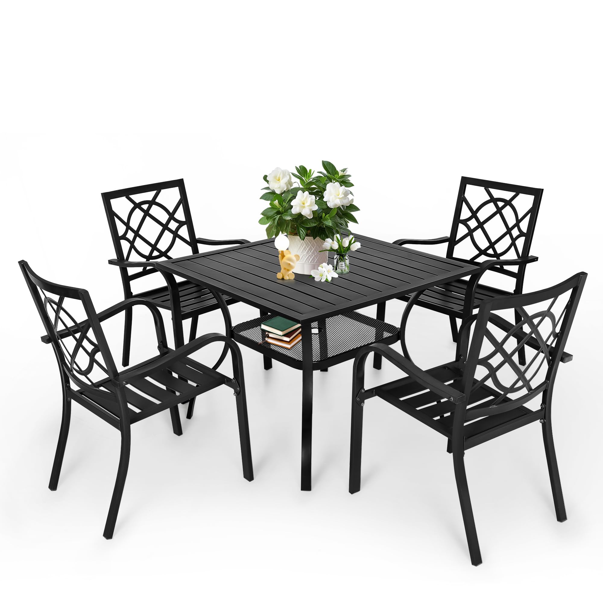 SUNCROWN 5-Piece Outdoor Wrought Iron Patio Dining Set - 4 Stackable Metal Chairs & 1 Steel Slat Bistro Table for Garden, Backyard, Deck - Perfect for Outdoor Entertaining, BBQ Parties, and Relaxing in Your Yard