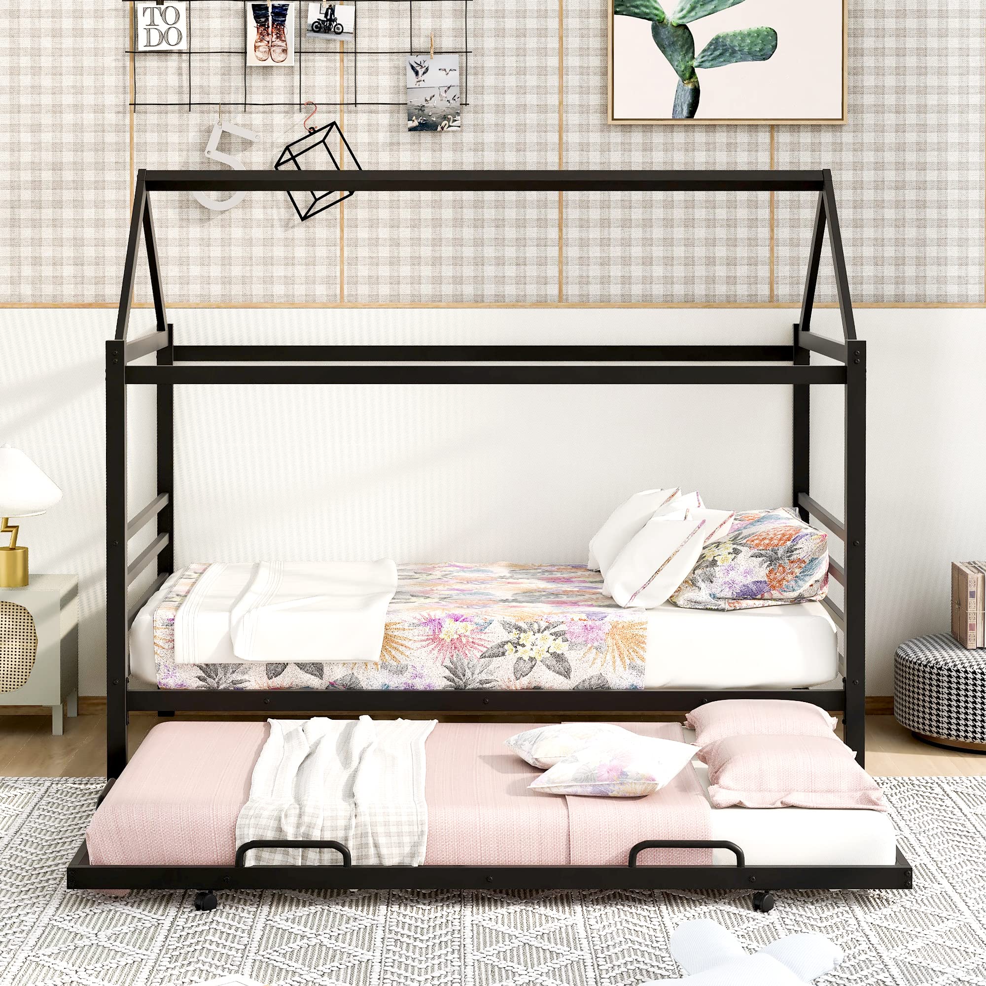 Metal Twin Size House Shaped Bed Frame with Trundle, Headboard & Footboard - Kids Platform Bed for Boys, Girls & Teens (Black) | Perfect for Small Bedrooms, Playrooms & Sleepovers