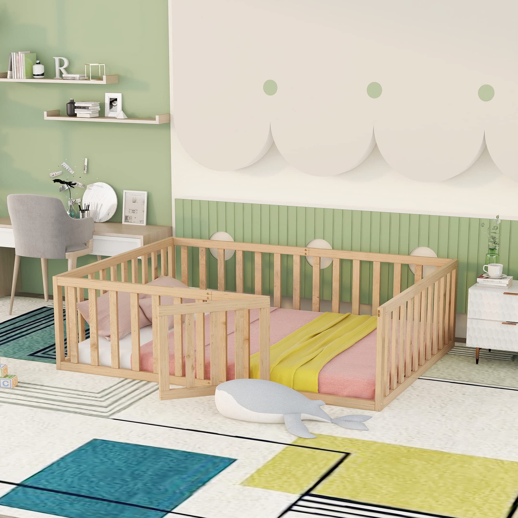 Wooden Kids Floor Bed with Fence & Door - Safe Playpen for Toddlers - Nursery & Playroom