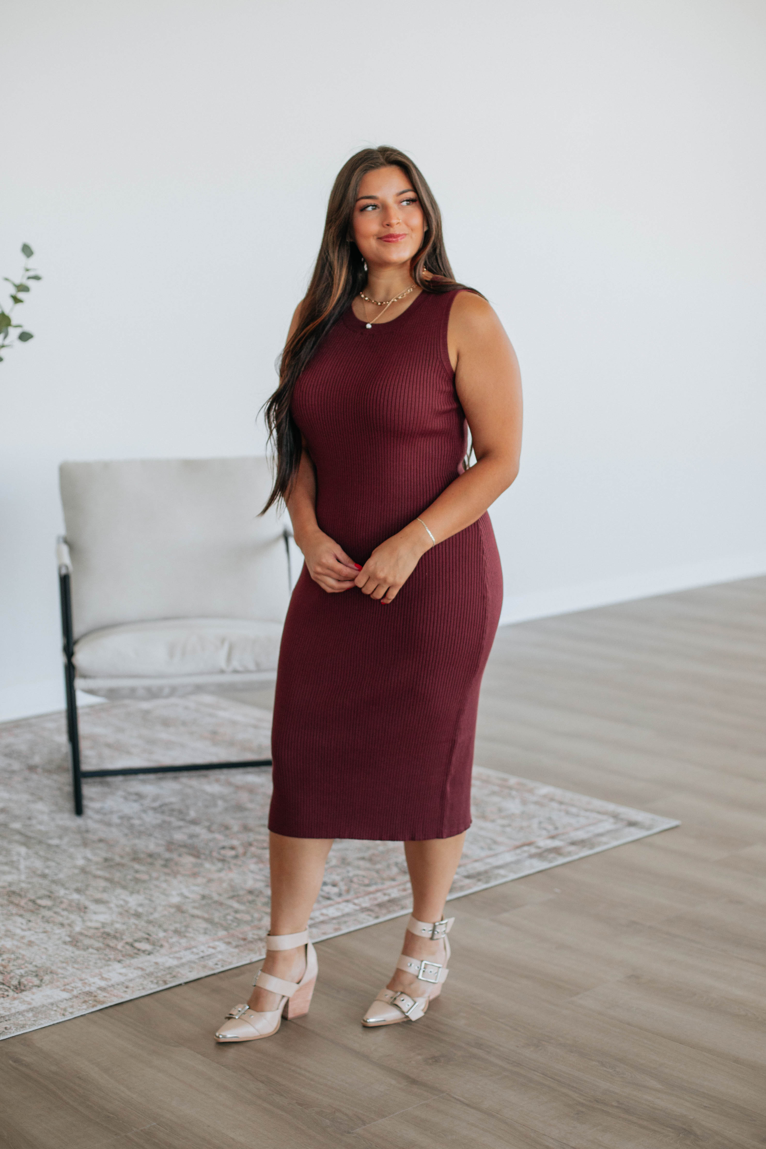 Carina Midi Dress in Merlot Red - Elegant Women's A-Line Dress for Parties, Weddings & Special Occasions