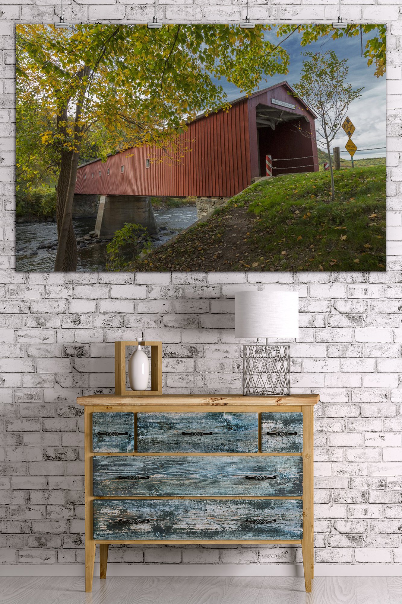 Red Covered Bridge - 36x54 Giclee Gallery Print - Travel Poster Wall Art Decor - Perfect for Living Room, Bedroom & Office Wall Decor