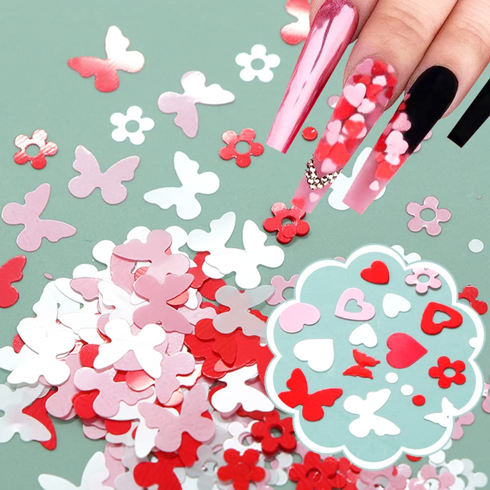 12 Grids Heart Nail Sequins - 3D Holographic Laser Nail Art Supplies with Love Hearts, Butterflies & White Flowers - Perfect for Valentine's Day Nail Designs, DIY Manicures & Party Decorations