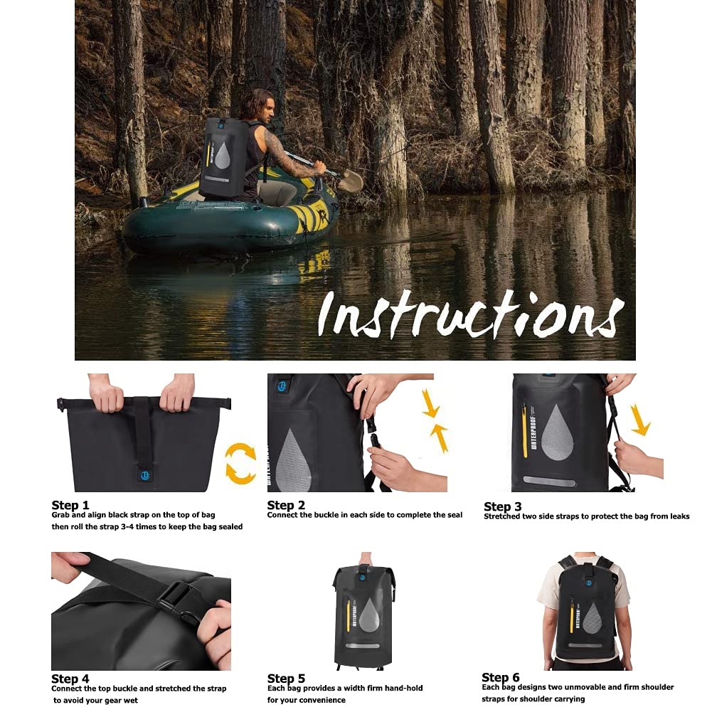 **Blueshyhall 20L Waterproof Dry Backpack - Roll Top Closure, Water Repellent Duffle Storage Sack for Kayaking, Rafting, Boating, Fishing, Camping & Beach - Black | Ideal for Outdoor Adventures & Water Sports**