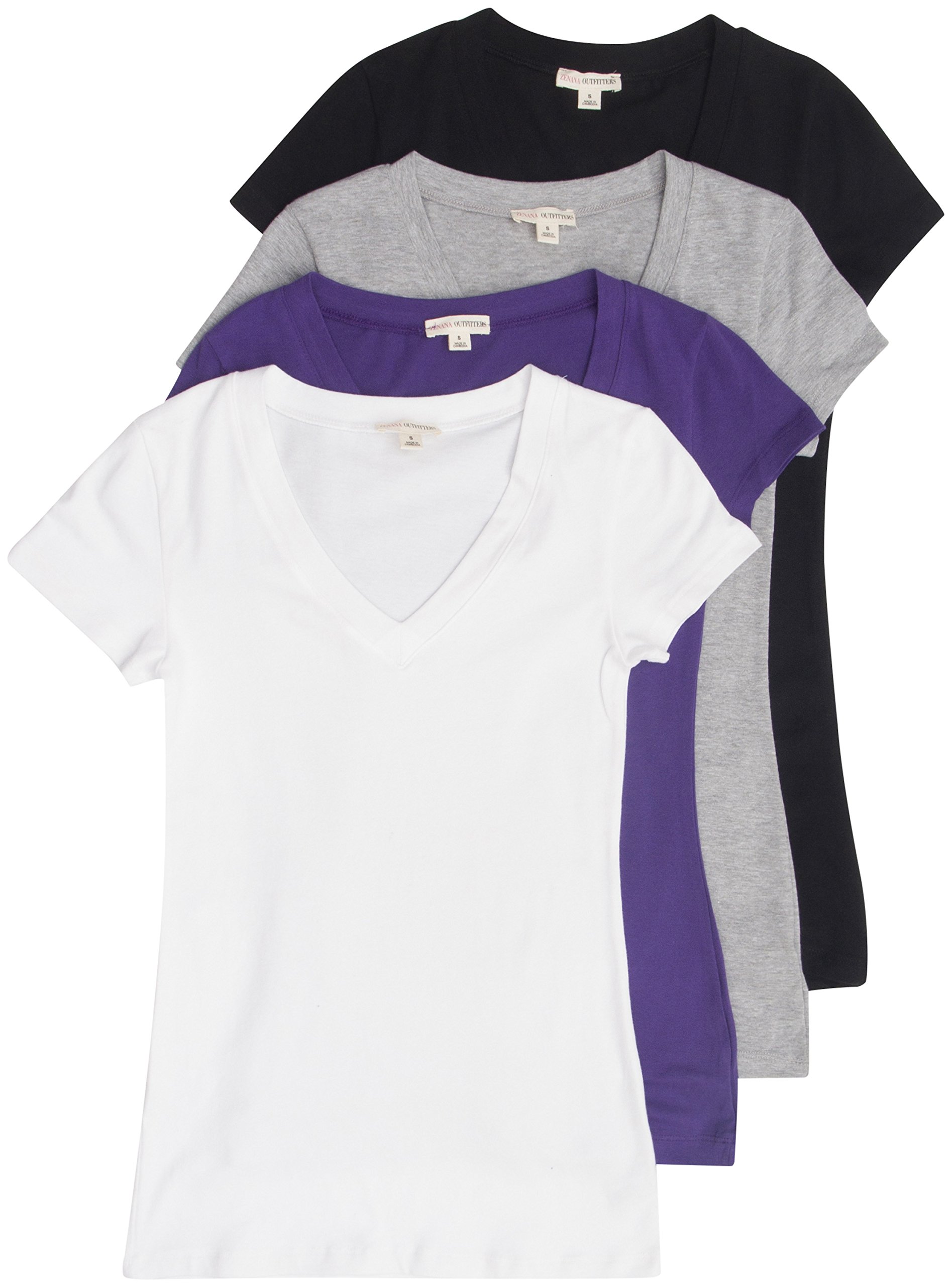 4 Pack Women's Basic V-Neck T-Shirts - Soft Cotton Casual Tees for Everyday Wear, Layering & Workout | Zenana Brand