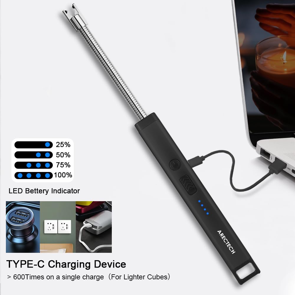 ARECTECH USB Rechargeable Electric Arc Lighter - Windproof Flameless Candle Lighter for Home, Camping & Gifts - LED Light for Men & Women (Black) | Perfect for Candles, Fireworks, Christmas, Birthday & Outdoor Adventures