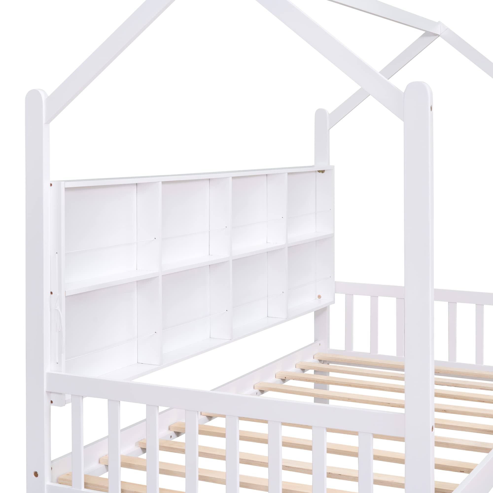 Harper & Bright Designs Solid Wood Montessori Twin House Bed for Kids - Playhouse Bed Frame with Storage Drawers & Shelves, Tent Bed for Boys Girls Teens - Perfect for Bedroom, Playroom & Montessori Learning Spaces (White)