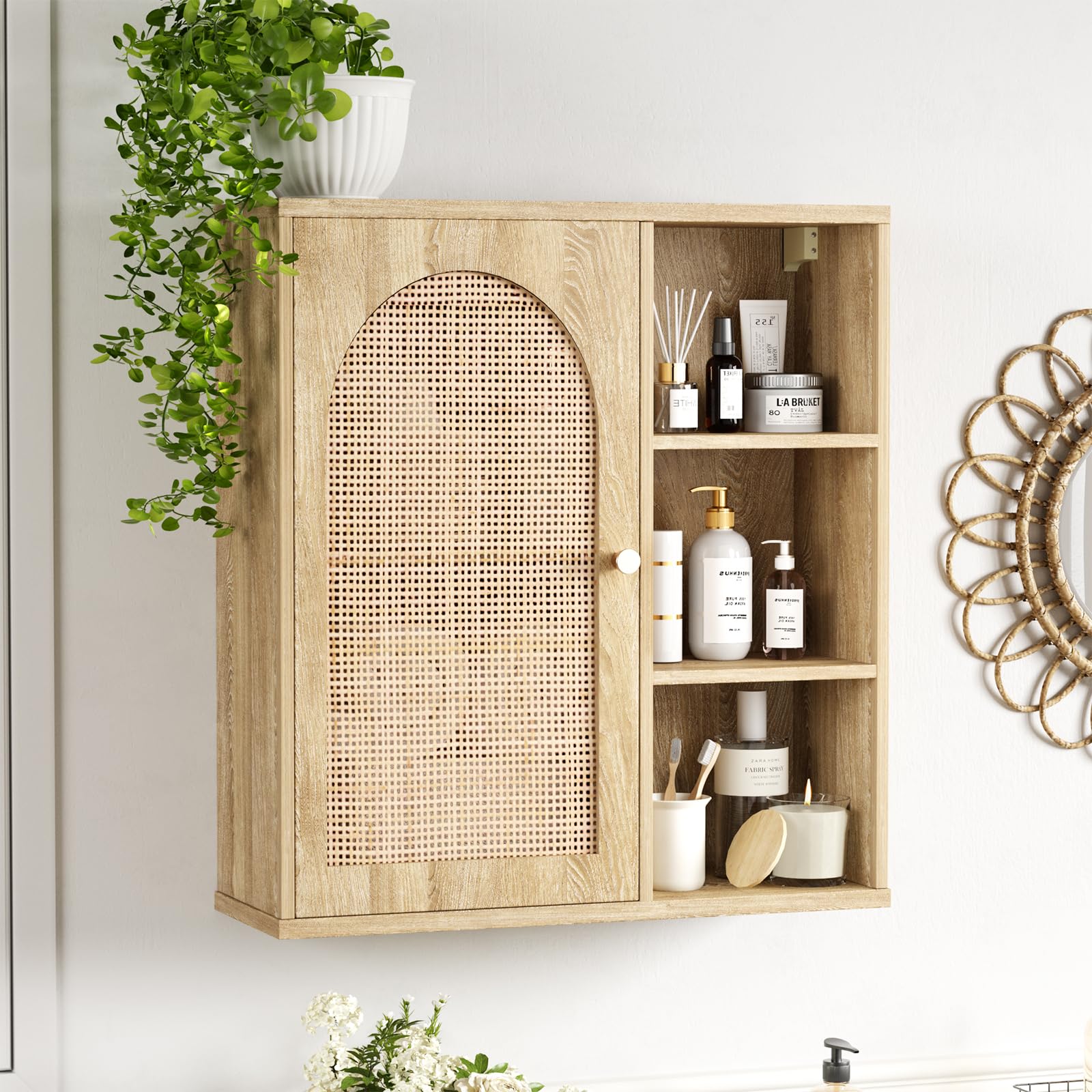 Rattan Bathroom Wall Cabinet with Door - Boho Medicine Cabinet with Adjustable Shelves, Tall Kitchen Storage Cabinet, Floating Hanging Cabinet Space Saver for Laundry Room - Natural Rattan Organizer for Bathroom, Kitchen & Home Decor (Perfect for Small Spaces & Clutter-Free Living)