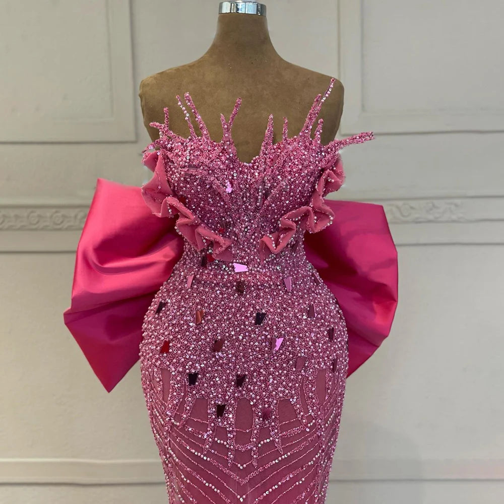 Elegant Fuchsia Mermaid Evening Dress with Pearl Beading - Luxury Formal Gown for Women | Dubai Party Wear, Wedding Guest Dress, Red Carpet Event 2025 - LA72263
