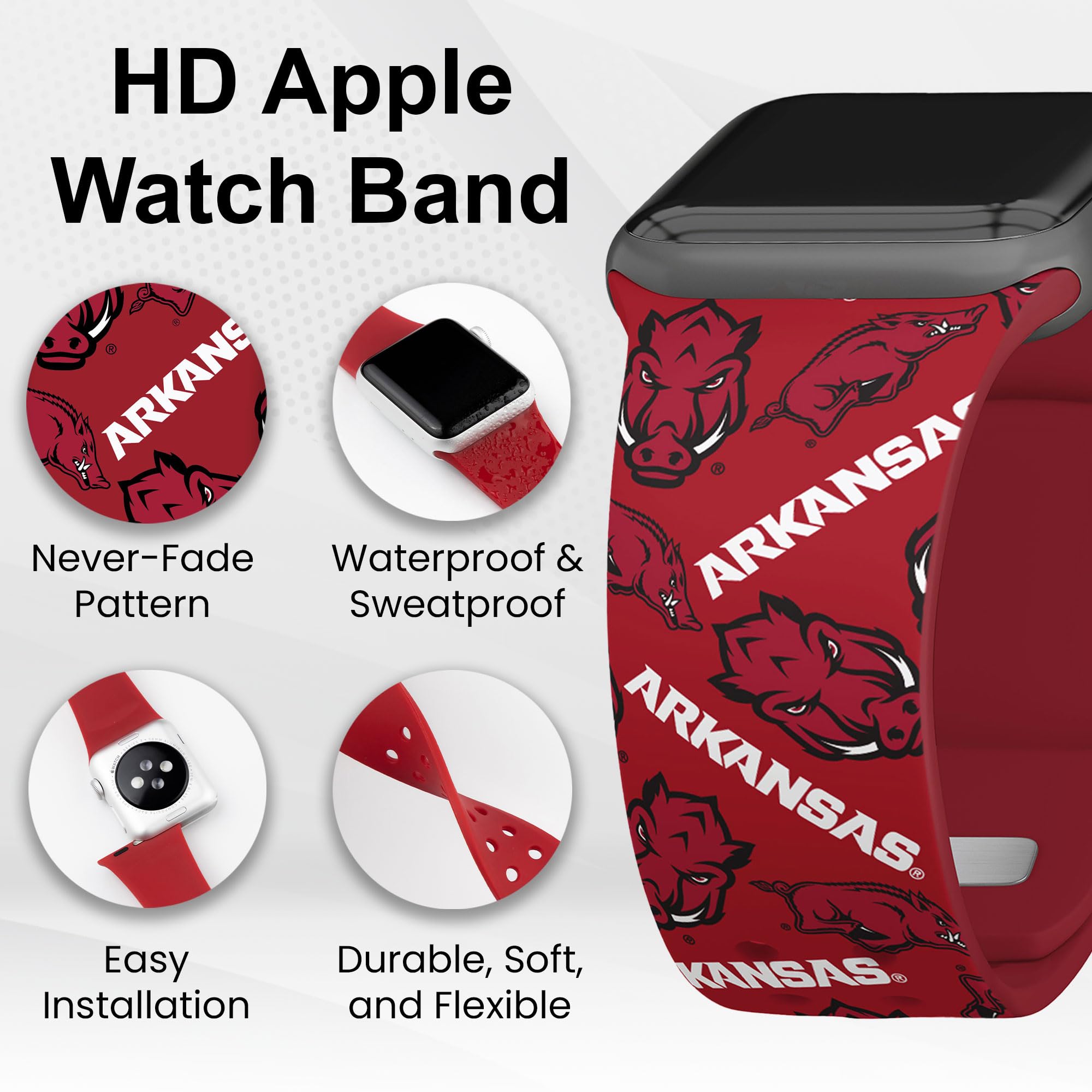 Arkansas Razorbacks HD Watch Band Compatible with Apple Watch Series 1-9 - Stylish Durable Silicone Sports Strap for Men & Women - Perfect for Gym, Running, Workouts & Everyday Wear