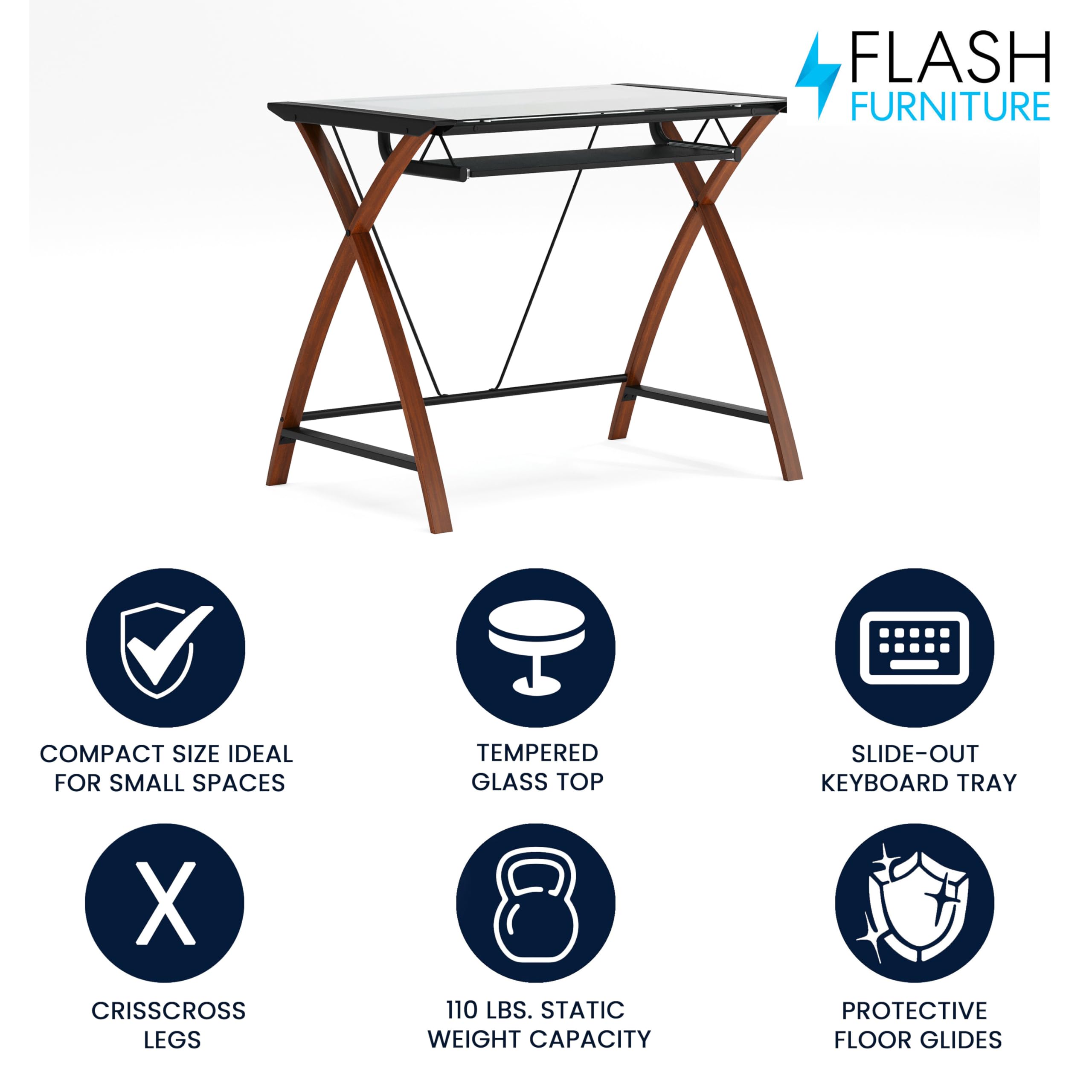 Flash Furniture Jude Tempered Glass Computer Desk with Pull-Out Keyboard Tray & Sturdy Crisscross Frame - Compact Home Office Desk in Cherry/Clear Finish - Perfect for Small Spaces, Gaming & Remote Work