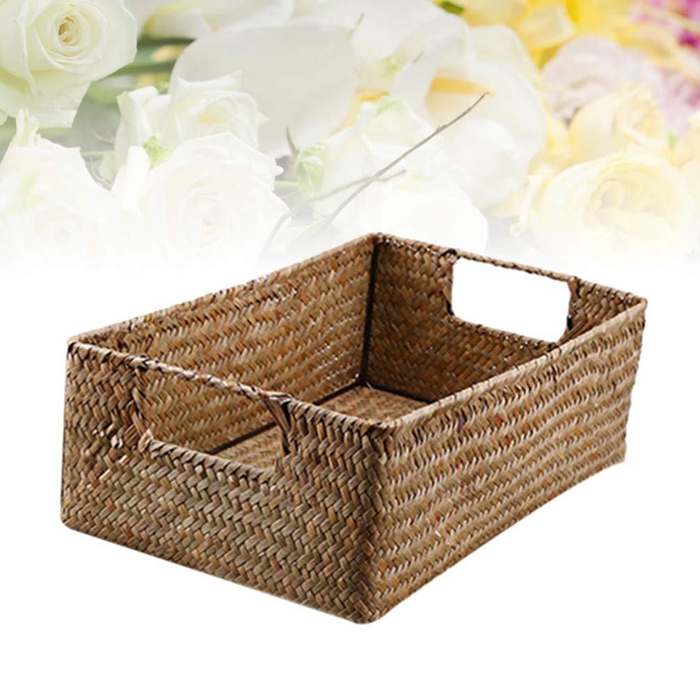 Amosfun Woven Seagrass Storage Basket with Lid - Large & Small Rectangular Organizer for Home, Bathroom, or Office - Handmade Retro Wicker Bin for Sundries, Toys, and Household Items