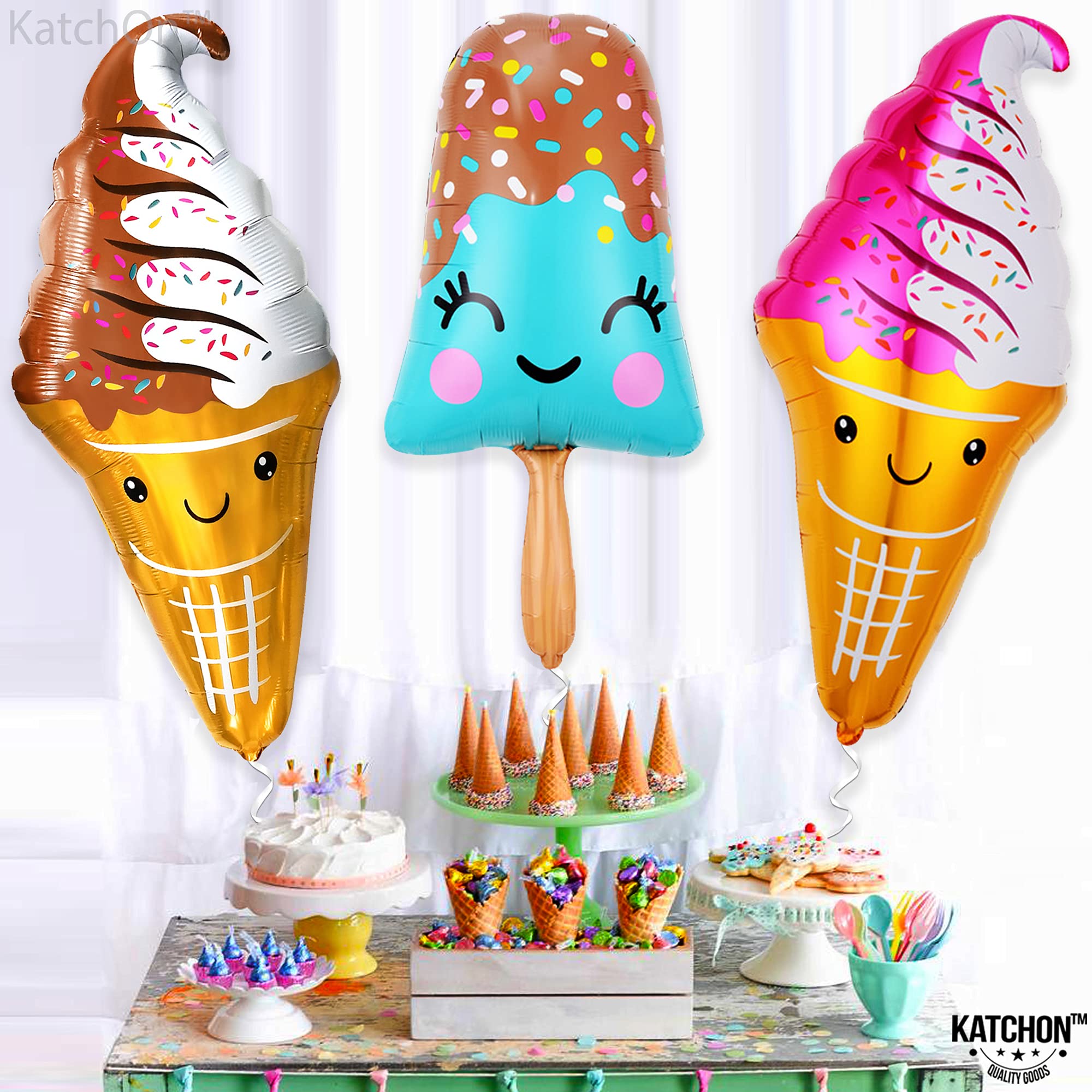Extra Large Ice Cream Tablecloth & Balloons Set - Pack of 10 | Waterproof Party Table Cover for Ice Cream Themed Birthday, Baby Shower & Summer Celebrations | Cute Dessert Decorations for Indoor/Outdoor Events