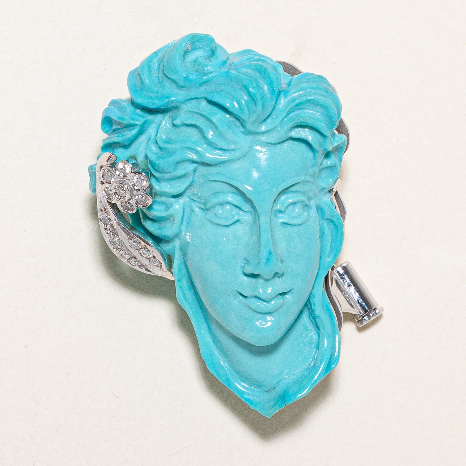 Exquisite 50.00ct Turquoise & 0.14ct Diamond Cameo Convertible Pendant & Brooch - Vintage Jewelry for Women | Perfect for Weddings, Anniversaries & Special Occasions