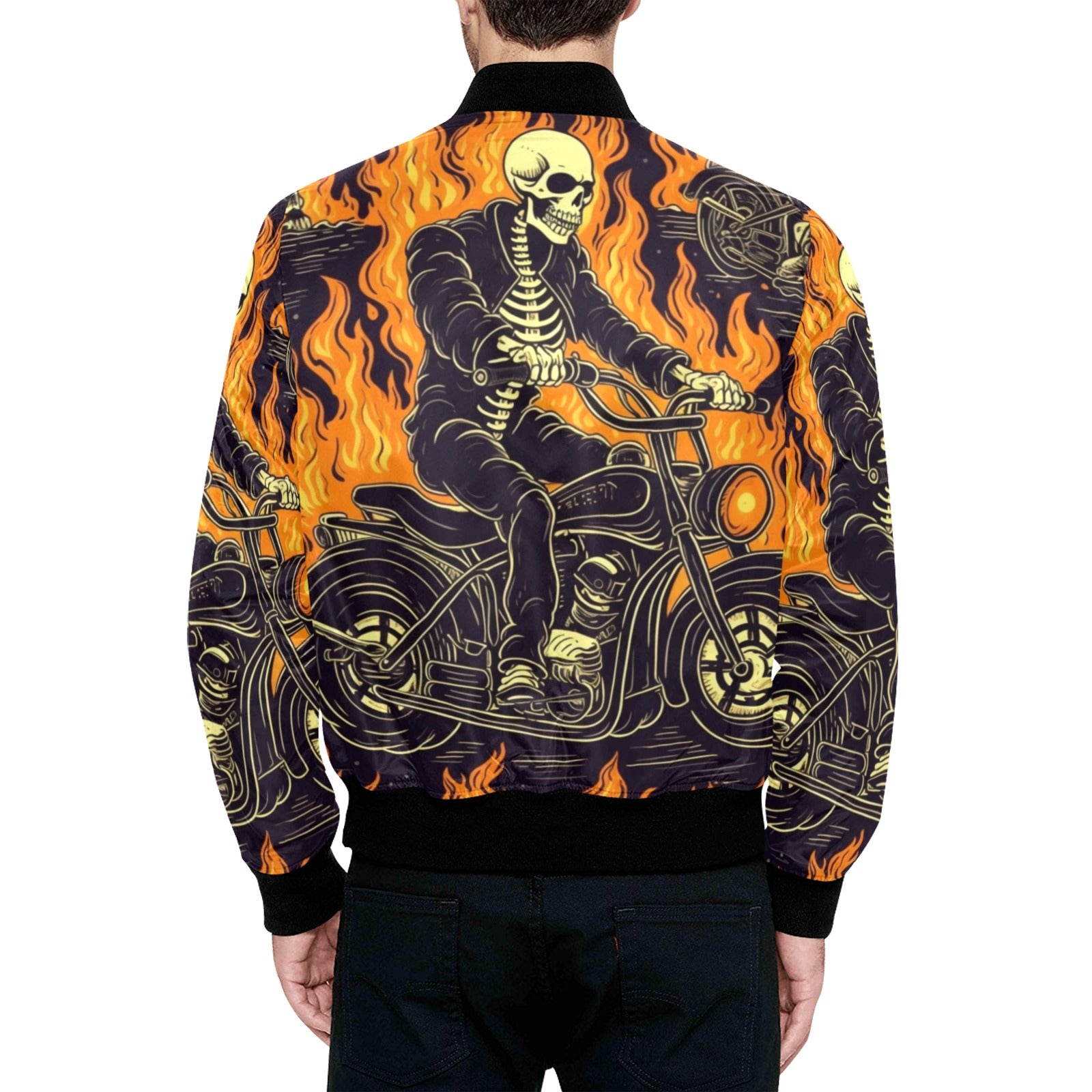 Flaming Skeleton Biker Bomber Jacket - Men's Gothic Motorcycle Leather Jacket with Flame Design - Perfect for Halloween, Cosplay & Motorcycle Riding