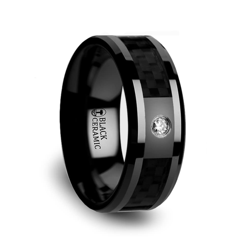 Roy Rose Men's Black Ceramic & Carbon Fiber Inlay Diamond Wedding Band Ring - 8mm Comfort Fit Domed Design - Angus Style for Grooms & Engagement - Perfect for Weddings, Anniversaries & Special Occasions