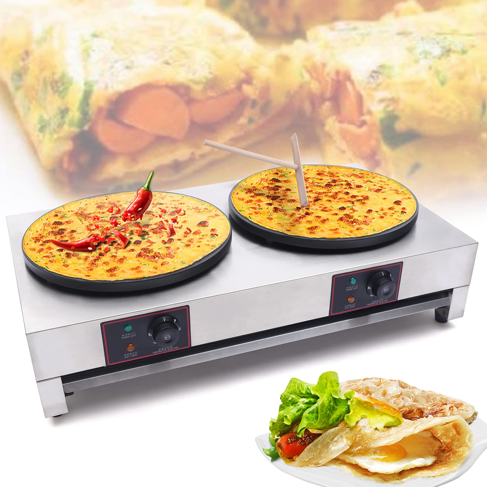 110V Commercial 16-Inch Electric Crepe Maker with Drawer Warmer - Nonstick Griddle with Adjustable Temperature for Roti, Tortilla, Eggs & BBQ - Perfect for Restaurants, Cafes & Home Kitchens (Dual Head, No Plug Included)