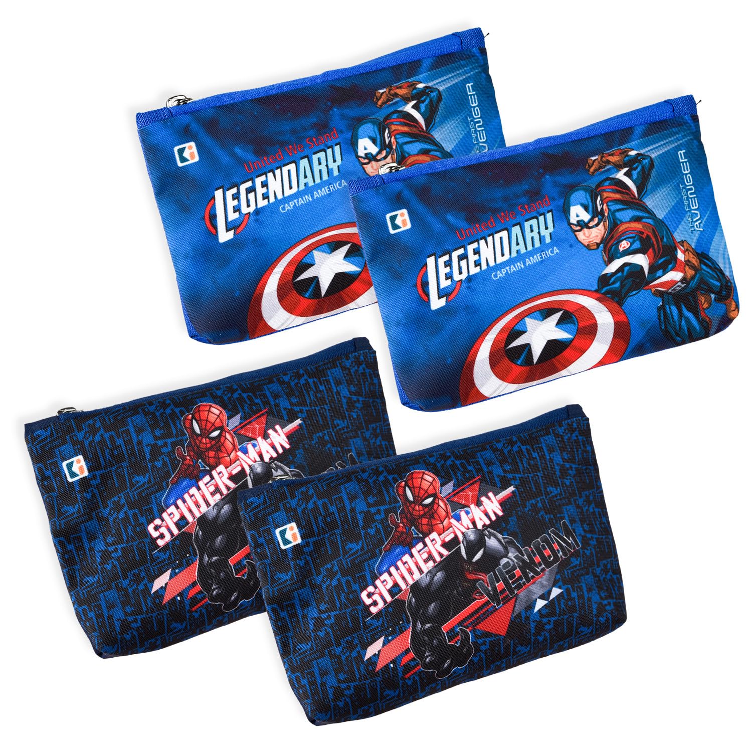 Kuber Industries 4-Pack Square Pencil Pouch for School & Office - Kids Pen Organizer, Geometry Pouch, Marvel Design Utility Bag (Royal Blue & Navy Blue) - Perfect for Backpack Organization, Student Supplies & Stationery Storage